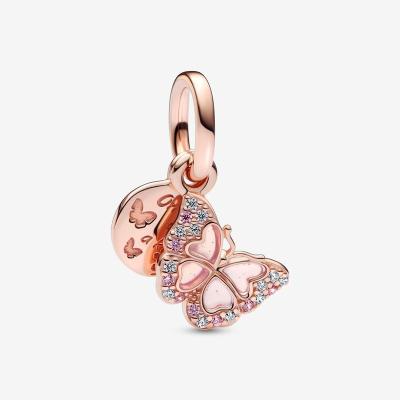 China PAN S925 Silver Romantic Fashion Soft Pink Butterfly And Message Sign Two In One DIY Pendant Bracelet Charming Pan-Stern Popular Bracelet Accessories for sale