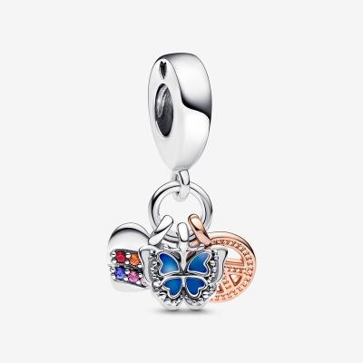 China S925 Romantic Silver Butterfly and Rainbow Heart Peace Two Colors PAN Three Popular Pan-Stern Pendant DIY Bracelet Charm Bracelet Accessories for sale