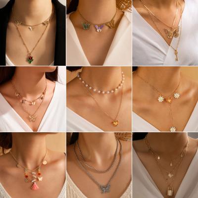 China CLASSIC Bohemian Pearl Pendant Tassel Necklace Butterfly Style Alloy Fashion Clavicle Chain Multilayer Necklace for sale