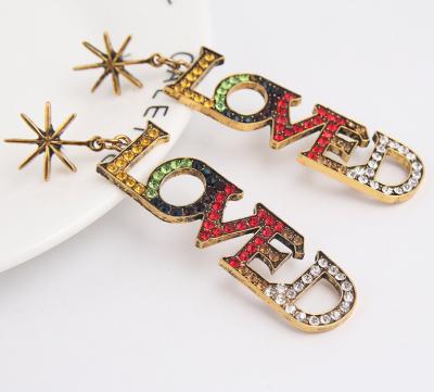 China Korean Creative Love Earring Diamond Earring Geometry Drop Punk Personalized Letter Earring for sale