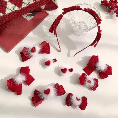 China New Year Fashion Hot Selling Hair Party Accessories Headwear Red Bow Plush Hair Clip Headband for sale