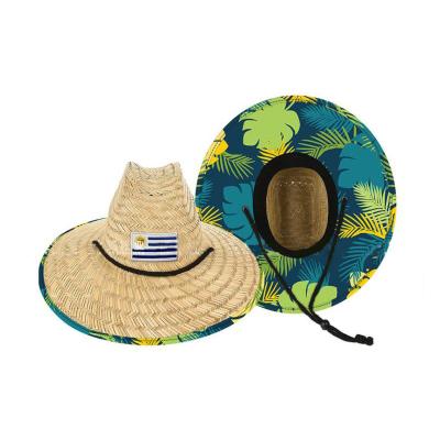 China Wholesale New Design Custom Made Summer Checked Fabric Underbrim Lifeguard Straw Hat Beach Surf Infant Hats for sale