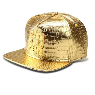 China Wholesale High Quality Waterproof Winter Baseball Cap Men 5 Panel PU Metal Logo Snapback Gold Hat for sale