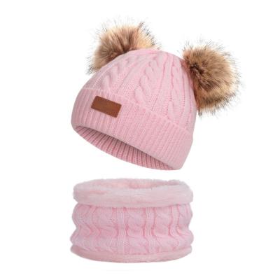 China JOINT Winter Kids Crochet Scarf Set Faux Fur Double Hat And Pompom Knitted Babies Boys Beanie Hat for sale