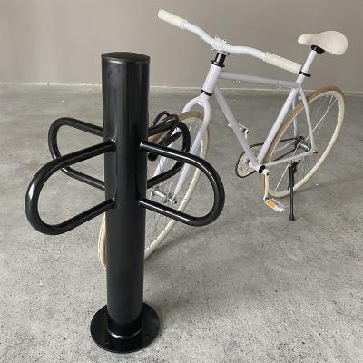 China Carbon Steel Two Capacity Post Ring Bollard Type Bike Rack With Round Arms for sale