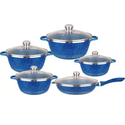 China Hot Sale 12pcs Non Stick Sustainable Granite Aluminum Cooking Sets Cookware Sets Kitchen Dinnerware Sets With Glass Cover Blue for sale