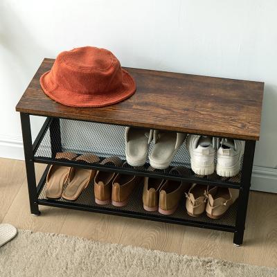 China Cheap Modern Industrial Metal Frame Shelf Modern Wood Bench 2 Tier Shoes Rack With Seat for sale