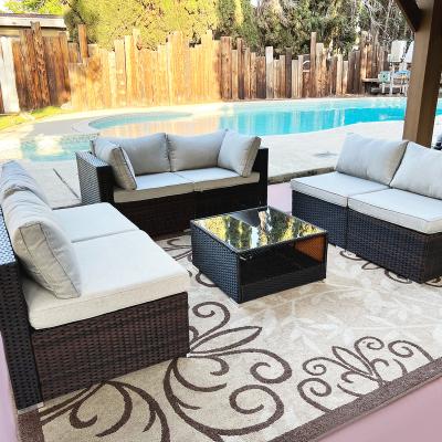 China Modern Modular Wicker Sectional Rattan Furniture Outdoor Sofa Set PE 7pc Garden Conversation Set All Weather Outdoor Rattan Seat for sale