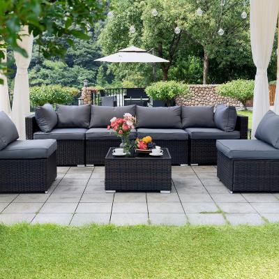 China Modern Modular Wicker Sectional Rattan Furniture Outdoor Sofa Set PE 7pc Garden Conversation Set All Weather Outdoor Rattan Seat for sale