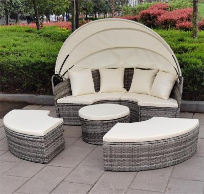 China Round Modern Patio Gazebo KD Rattan Garden Sofa With Foldable Sun Canopy Sofa Set for sale