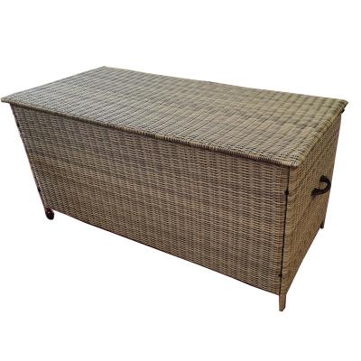 China Modern Outdoor Large Capacity Rattan Storage Box Deck Box 460L Storing Cushions Garden Furniture With Handle And Casters for sale