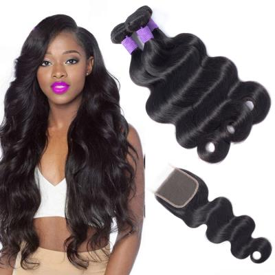 China Brazilian Body Wave Body Wave With Closure Raw Remy Hair Weft Weaving Hair Bundles Non With Free Part Closure for sale