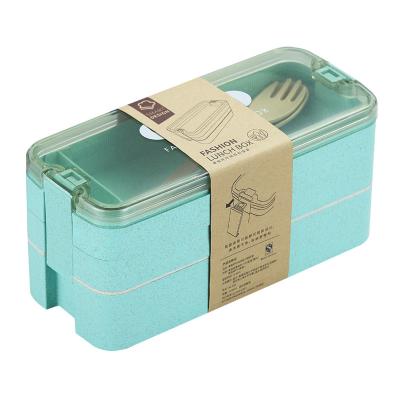 China Wheat Viable Creative Straw Food Container Portable Rectangular 3-Layer Reusable Food Container Wheat Box Student Bowl for sale