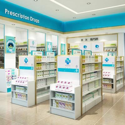 China Fashionable Pharmacy Store Counter Design Pharmacy Counter Rack Shelf For Retail Store Pharmacy Shelving for sale