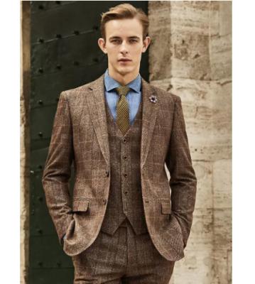 China Custom Suit Mens Tailored MTM Grooms Suit Retro British Plaid Anti-Shrink Wool Brown Wedding Formal Dress Men 3 Piece Set Bespoke for sale