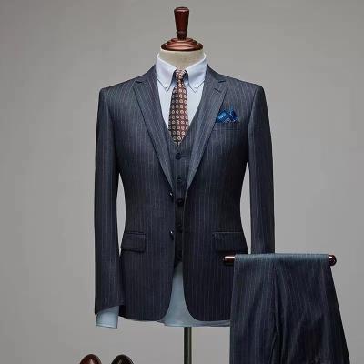 China Breathable Mens Dark Gray Stripe Wedding Suit Senior Groom Formal Dress Business Casual Suit Custom British Style MTM Suit 3 Piece Set for sale