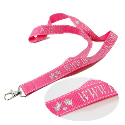 China Polyester Glitter Overlay Logo Pink Silver Color Polyester Lanyards For Promotional Gift for sale