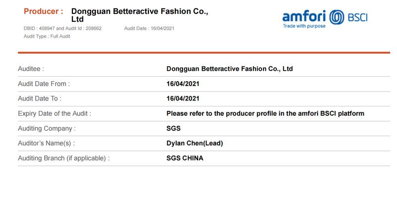 BSCI - Dongguan Betteractive Fashion Co., Ltd.