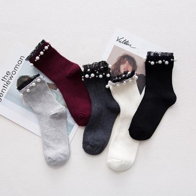 China Antibacterial High Quality Custom Pearl Lace Women Socks Fashion Socks for sale