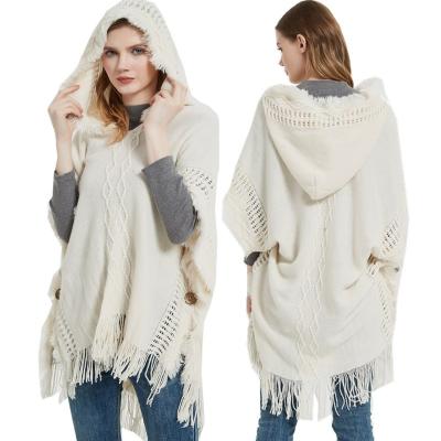 China Weaving Fty made 2023 winter large-sized knit shirt button hooded lady's cape shawl for sale