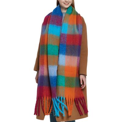 China Weaving New Circle Yarn Thickened Shawl Imitated Mohair Coarse Beard Colorful Plaid Scarf for sale