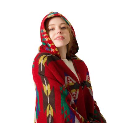 China Weaving Winter season Ox horn buckle ethnic style hooded cape cape Bohemian ethnic style women's hooded cape for sale