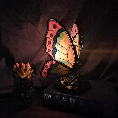 China Creative Metal Base Hand Painted Pink Light Night Light Decoration Butterfly Bird Table Lamp, Retro Homestay Bedroom Restaurant Hotel Lighting for sale