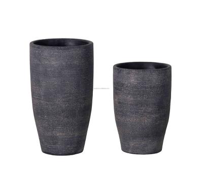 China Eco-Freindly Cement Flower Vase Simply Style Design Rough Round Shape Black Color Flower Pot Home And Garden Deco Plants Planting Support for sale