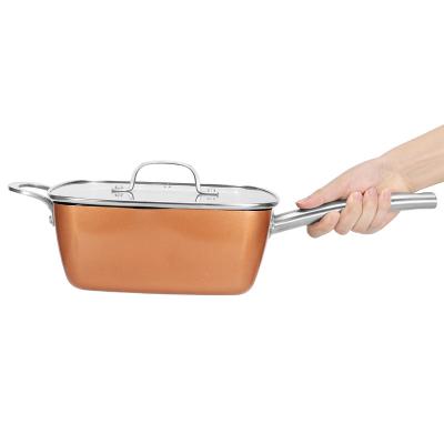 China Stocked non stick copper color coating cookware set deep square casserole dish with glass lid for sale