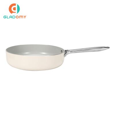 China Custom Logo Stocked 24cm Non Stick Pressed Aluminum Dry Fryer Aluminum Pan With Lid And Stainless Steel Handle for sale