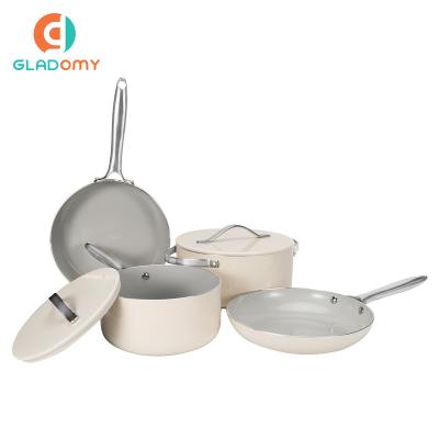 China Stocked Non Stick Ceramic Coating Cookware Set Pressed Aluminum Casserole Soup Pot Set With Lid for sale