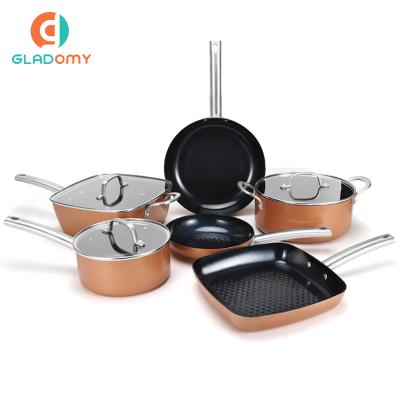 China Stocked non-stick pan cookware set surfaces are coated three times no oil or butter for a healthier diet copper color pot set for sale