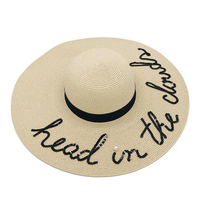 China Image Picture Summer Fashion Women Beach High End Letter Sequin Wide Brim Straw Hat for sale