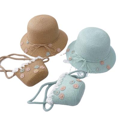 China Custom Character Girls Kids Sun Beach Daisy Lace Sweet Straw Hat Bag Hats Kids Matching New York Purse and Hat Sets for sale