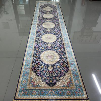 China Traditional 3x12 Rug Runner Silk Handmade Rug For Hallway Stairs Bedroom Navy Blue Hand Knotted Hallway Rugs for sale