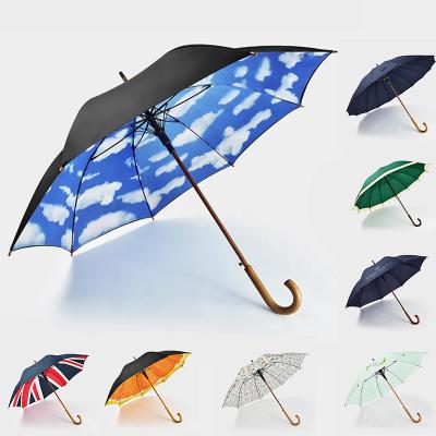 China Customized Strong Windproof Wooden J-Hook Durable Automatic Open Handle CLASSIC Factory Branded Stick Umbrella With Logo for sale