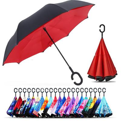 China CLASSIC Invers Umbrella Reverse Hands Free Upside Down Handle Smart Canopy Double Layer Inverted Reverse Umbrella Logo Printing for sale