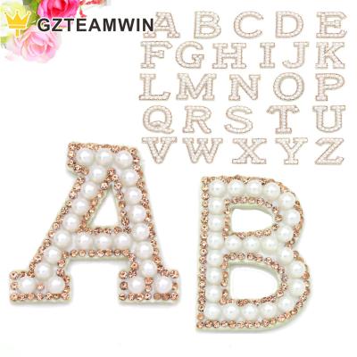 China Viable Custom Design Garment Accessories A-Z Pearl DIY Handmade Rhinestone Letter English Alphabet Patch Iron On Patches Letters for sale