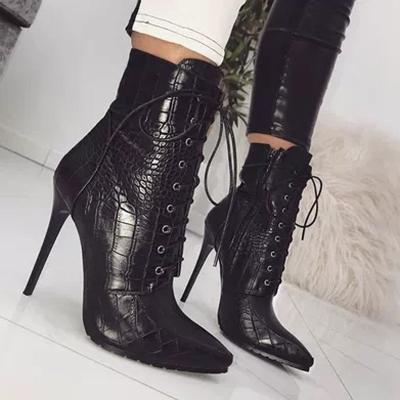 China Size Increasing Fashionable Ladies Point Toe Stiletto High Heels Black Mid Calf Boots Elastic Tie Up Ankle Lace Up Short Boots For Women for sale