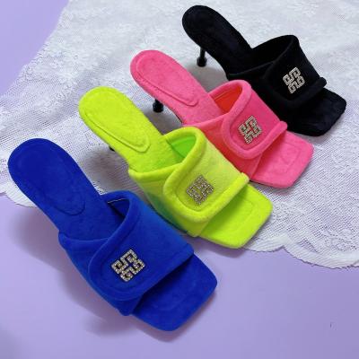 China Fashion Trend Solid Color Fur Sandals for Women and Ladies Cashmere Dress Square Toe Shoe Low Heel Woman Sandals for sale