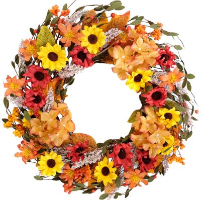 China Decorative Indoor Outdoor Artificial Fall Floral Wreath with Berries and Pumpkins and Autumn Maple Leaves for Front Door Wall Window for sale