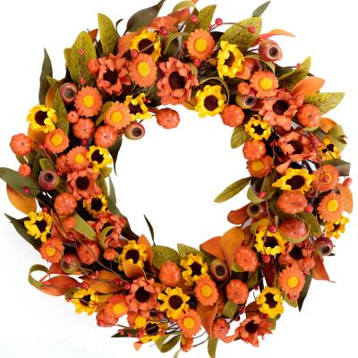 China Daisy Wreath Autumn Wildflowers Floral and Orange Fall Wreath Artificial Indoor Outdoor Decor for Front Door Wall Window Decor for sale