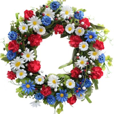 China Outdoor Indoor Decoration Patriotic Wreath with Red White Blue Artificial Daisy Flower for Front Door Porch Decoration for sale