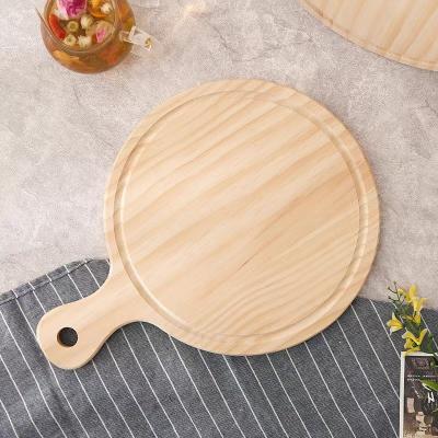 China Sustainable Bread Fruit Vegetable Bakeware Tool Cheese Serving Round 10 11 Inch Round Wood  Tray Plate Wooden Pizza Board With Handle for sale