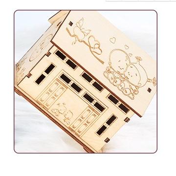 China Wooden Custom Carved Wooden House Design Piggy Bank Toy Money Saving Box For Kids Children for sale