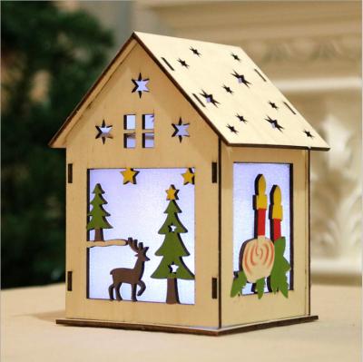 China Christmas Wooden Decorations Ornaments Bright Wooden House Christmas Cottage With Lights For Sale for sale