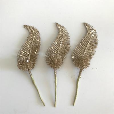 China 2018 New Design Artificial Flower Mini Christmas Flower Glitter Feather Leaf Pick for sale