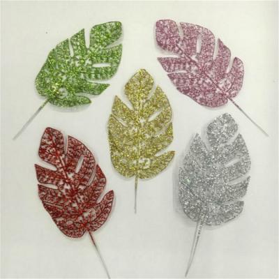 China With New Products Glitter Sparkle Glitter Christmas Leaves Picks For Christmas Decoration Flower Arrangement for sale