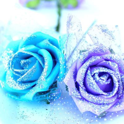 China Artificial Foam 7 Colors Glitter Foam Rose Bunch W/Organza Mesh For Wedding Flower Bouquets for sale