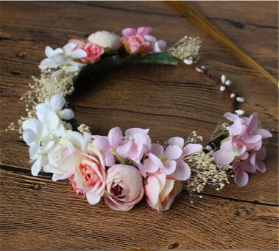 China Ladies Flower Bridesmaid Flower Wreath Artificial Flower Head Ribbon Finished Garland For Wedding Decoration for sale